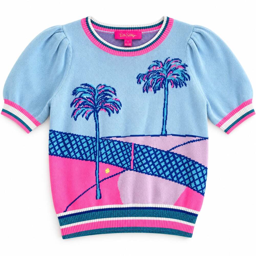 Lilly Pulitzer Palm Tree Tennis Intarsia Puff Sleeve Sweater S